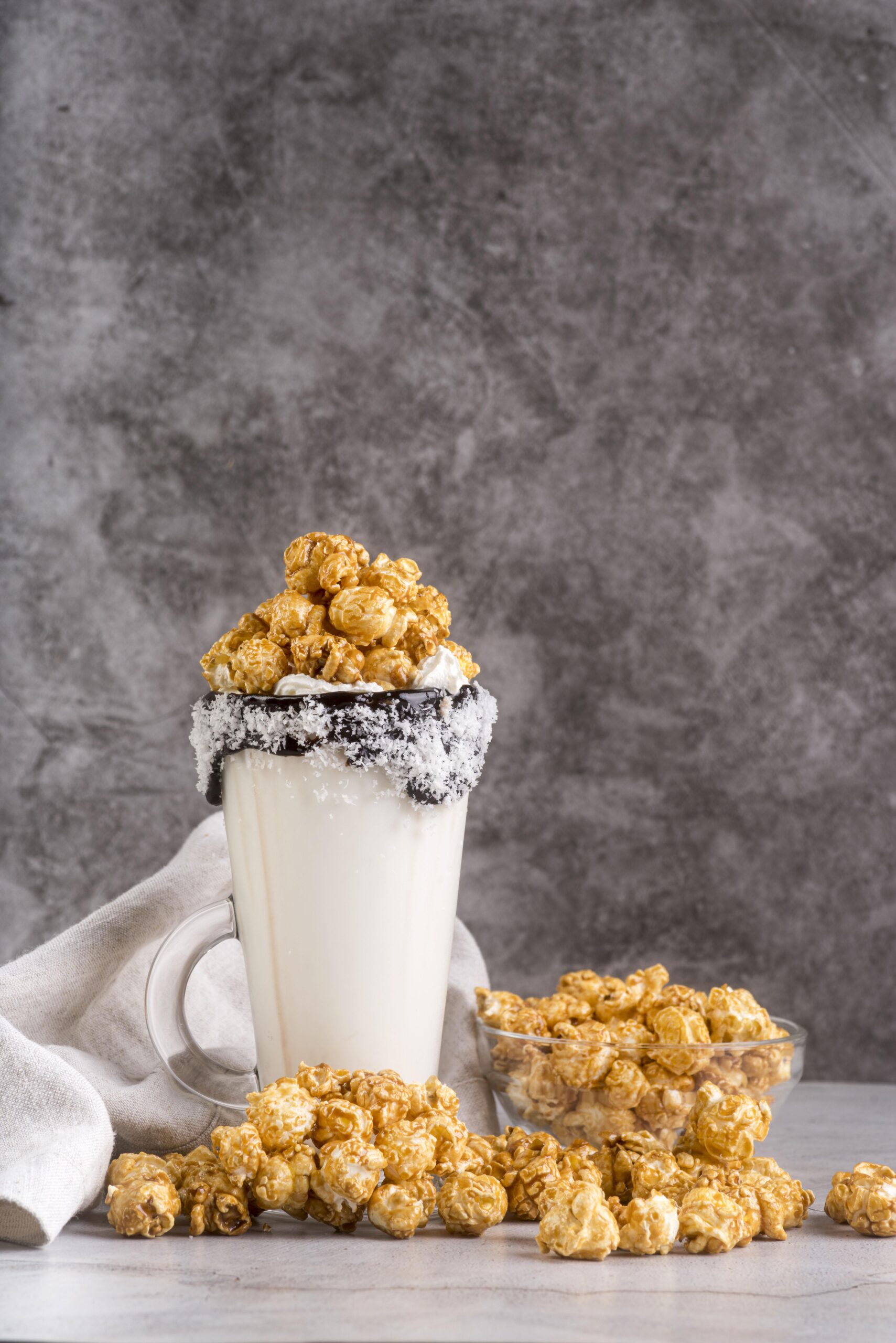 WHITE CHOCOLATE CHARDONNAY MOUSSE WITH SALTED CARAMEL POPCORN